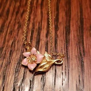 Pretty Gold Necklace with Pink Enamel Flower